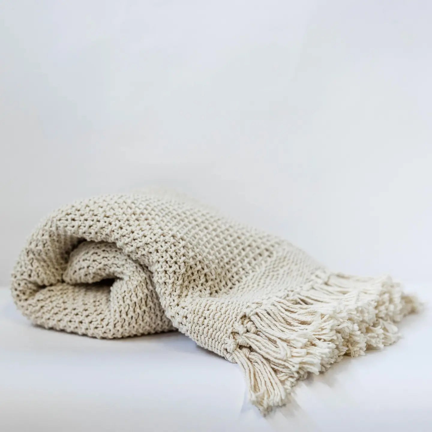 Knitted Cream Cotton Throw Blanket – 50" x 65"