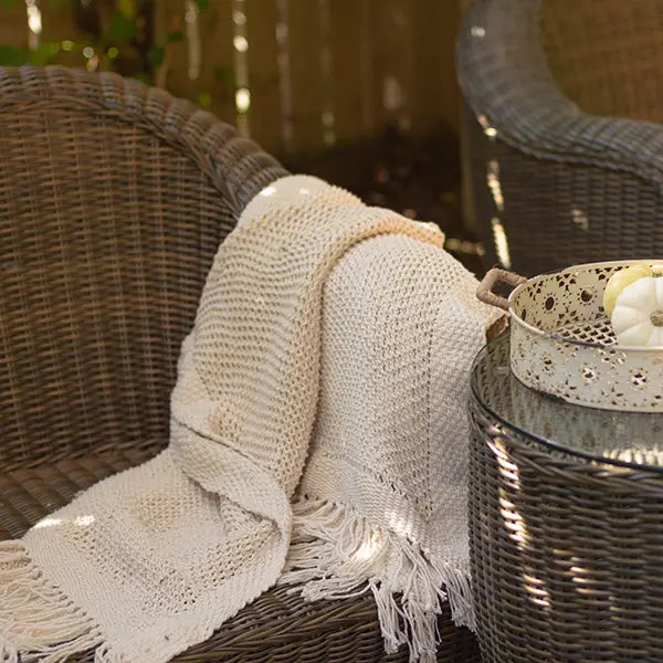 Knitted Cream Cotton Throw Blanket – 50" x 65"