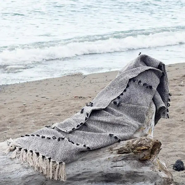 Embroidered Cotton Throw Blanket with Tassels – Beige & Black (50" x 70")