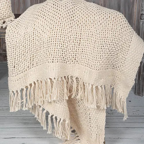 Knitted Cream Cotton Throw Blanket – 50" x 65"