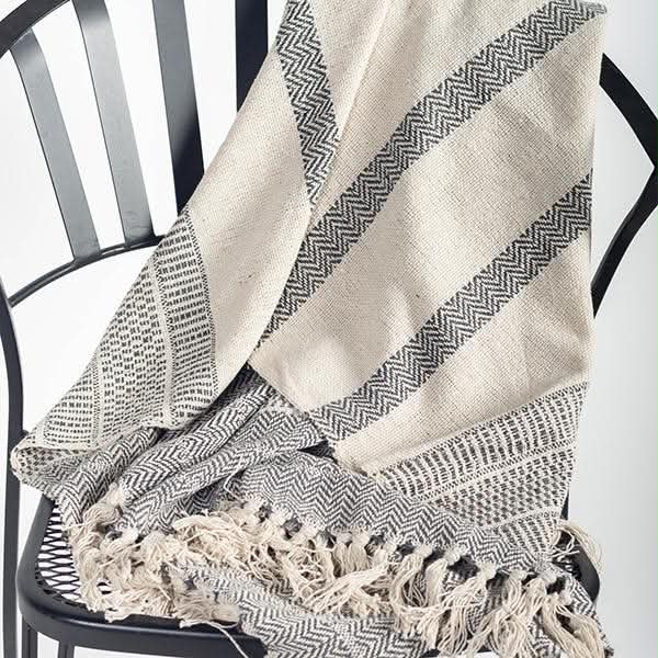 Handwoven Cream & Charcoal Turkish Throw Blanket