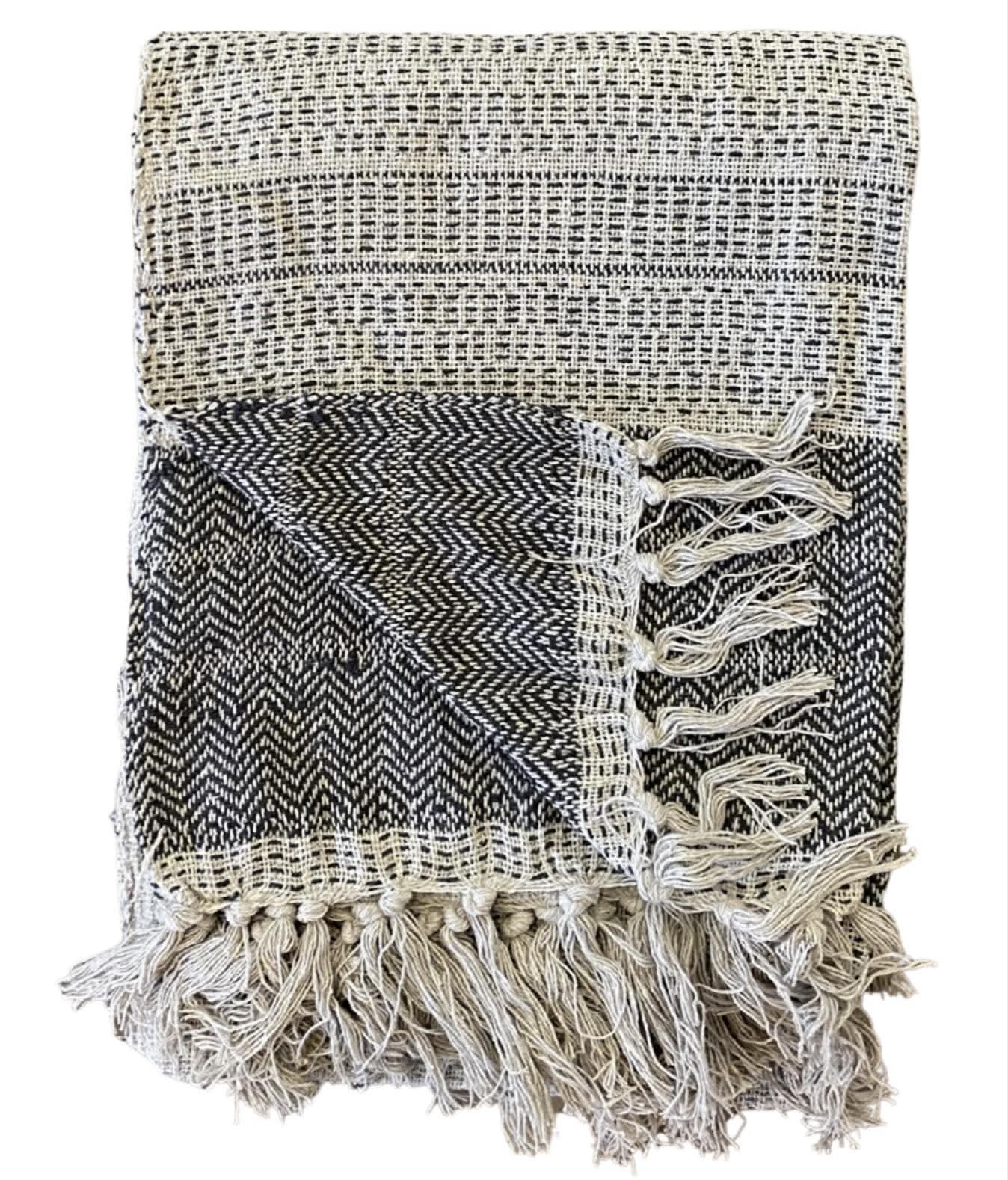 Handwoven Black & Cream Textured Throw Blanket