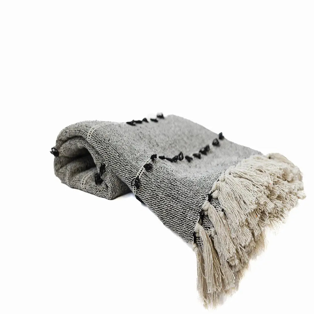 Embroidered Cotton Throw Blanket with Tassels – Beige & Black (50" x 70")
