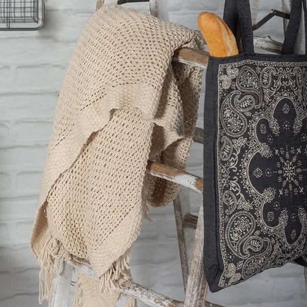 Knitted Cream Cotton Throw Blanket – 50" x 65"