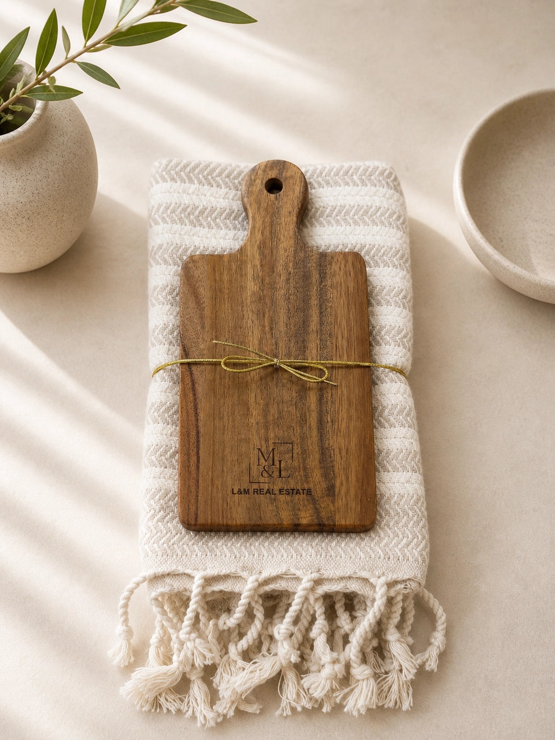 Turkish Dish Towel & Acacia Mini Board Gift Set - Cream